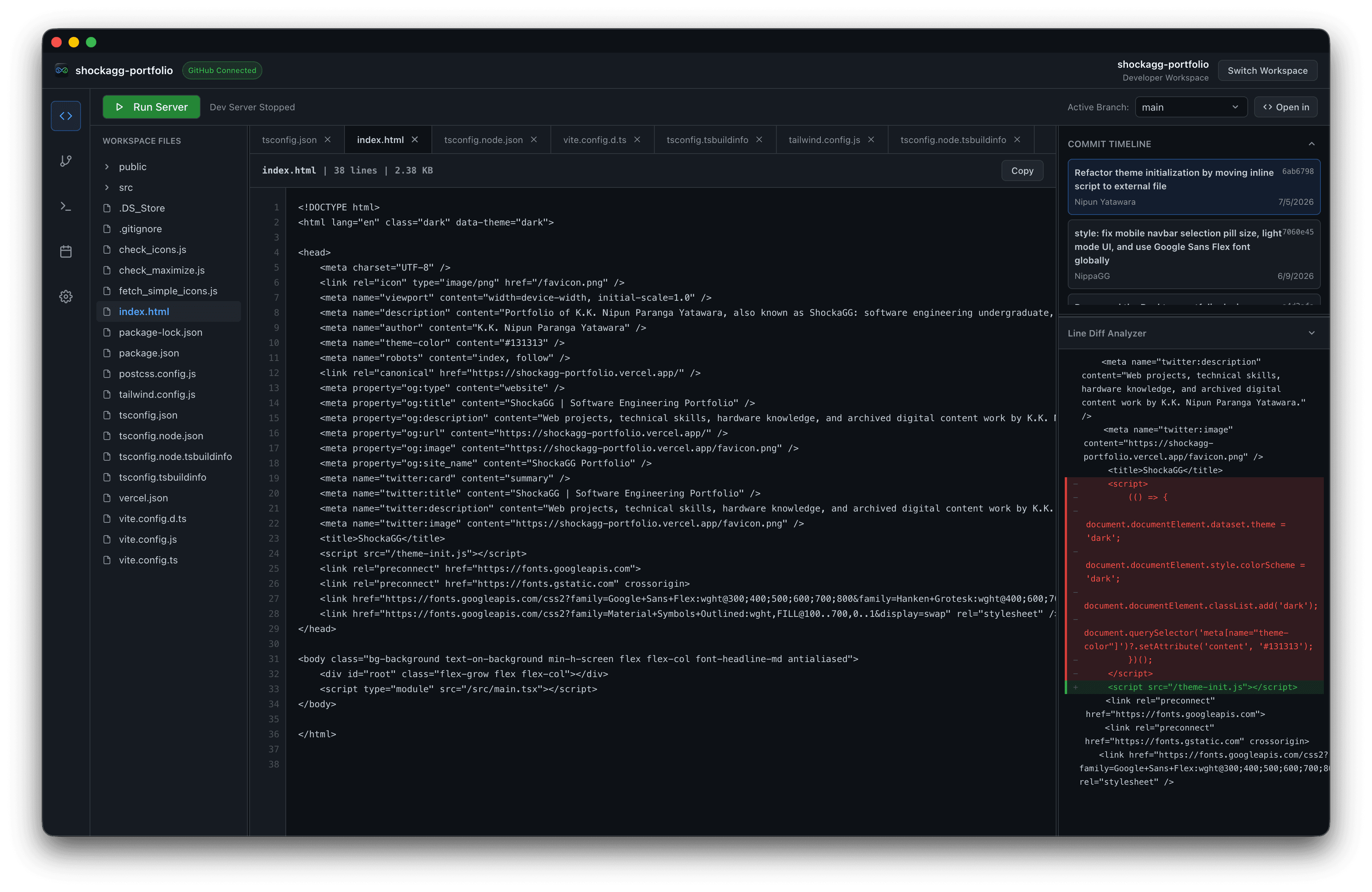 OmniSync workspace dashboard with file tree, editor, and git timeline